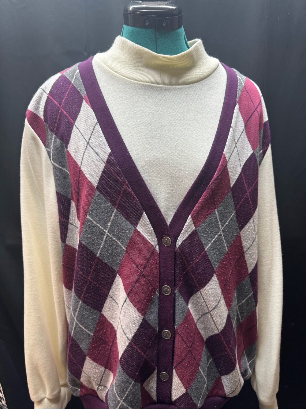 Alfred Dunner Cream and Plum Argyle Button Cardigan